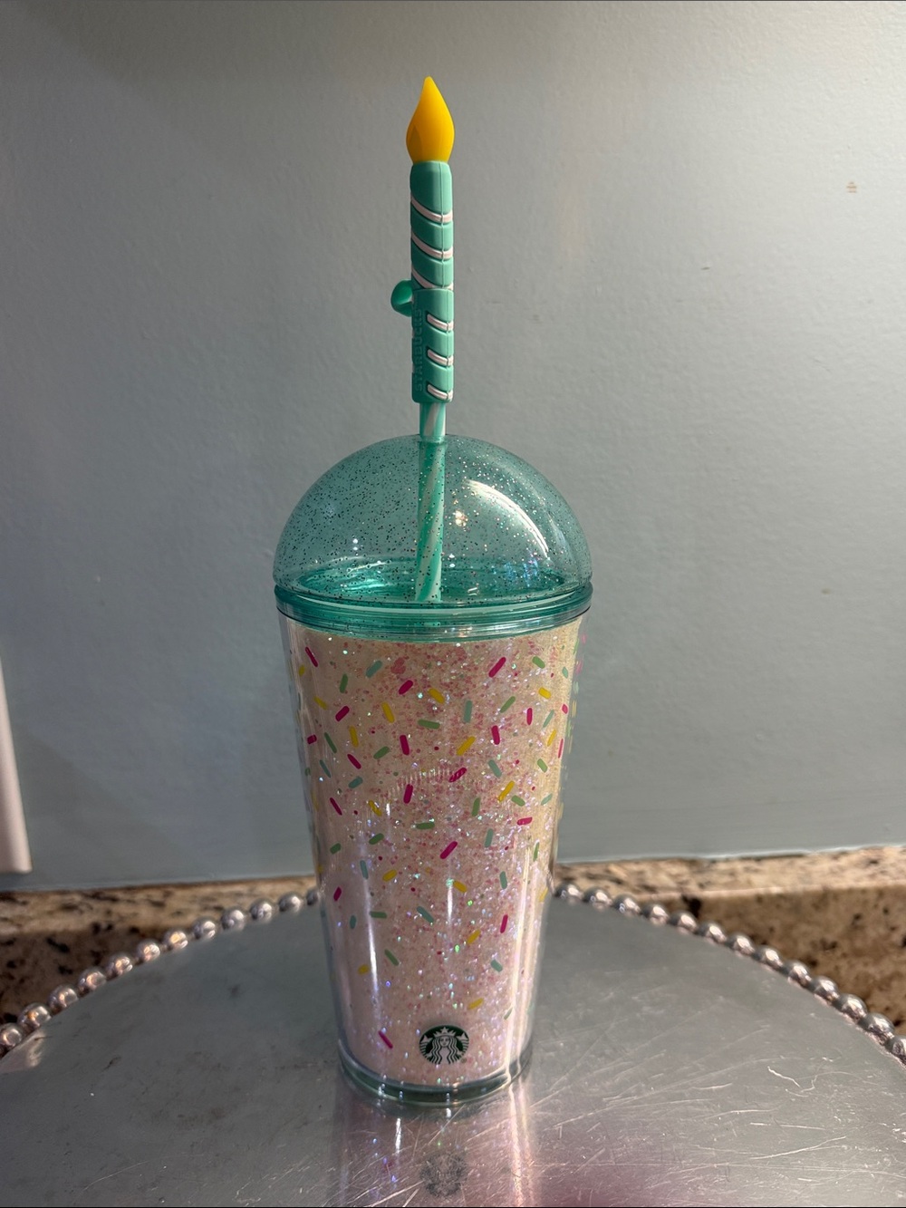 Starbucks Sparkle Confetti Tumbler with Teal Lid and Yellow Candle Straw